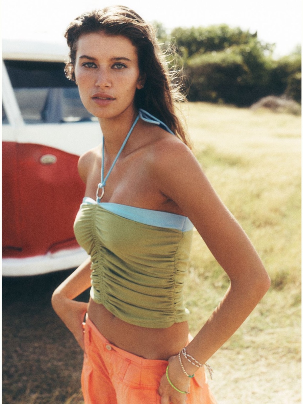 NWT By Anthropologie Ruched Green and Blue Colorblock Halter Tank Size Medium